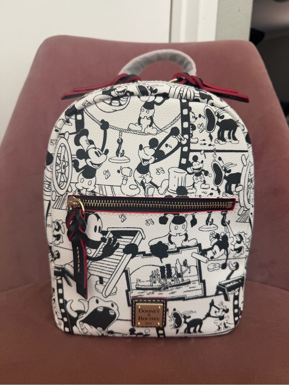 Disney Dooney and Bourke Black & White Cartoon Print Mini Backpack with Red Trim